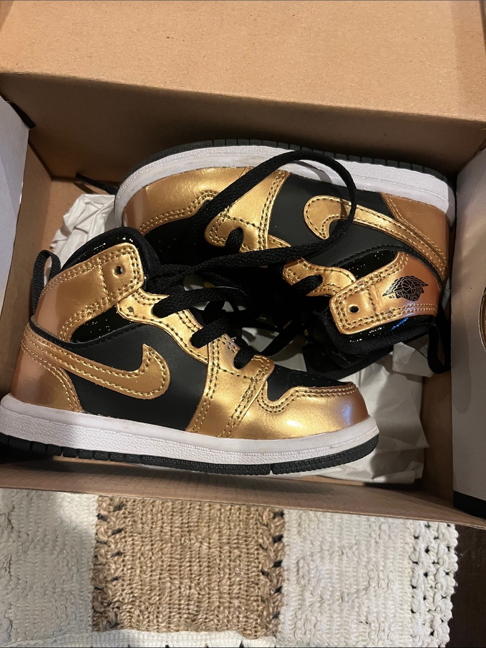Jordan Kids Black and Metallic Gold High-Top Sneakers